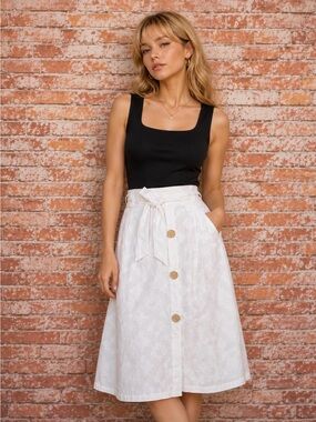 White Cotton Retro Button Down Full Knee Length Skirt